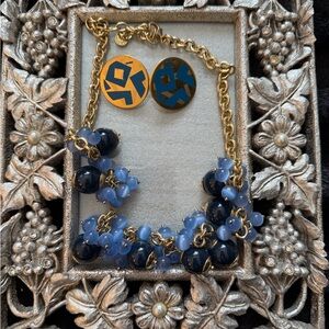 Elegant Gold Tone & Blue Moon Glow?  Beaded Necklace w/Blue & Gold Tone Earrings